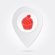 Map Marker Pin Red Cupcake Silhouette on Round Icon Button N3