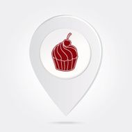 Map Marker Pin Red Cupcake Silhouette on Round Icon Button N5