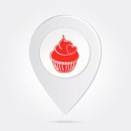 Map Marker Pin Red Cupcake Silhouette on Round Icon Button N6
