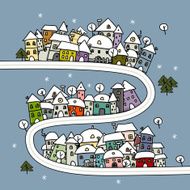 Road and houses winter cityscape cartoon for your design