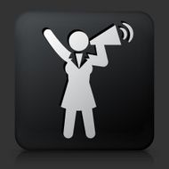Black Square Button with Businesswoman Megaphone Icon