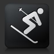 Black Square Button with Athlete Skiing Downhill