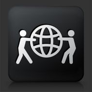 Black Square Button with Stick Figures Holding Globe