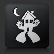 Black Square Button with Spooky Halloween House