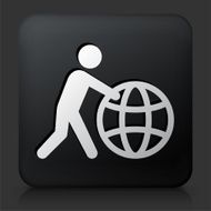 Black Square Button with Stick Figure Pushing Globe
