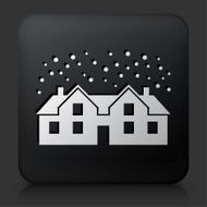 Black Square Button with House and Falling Snow