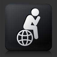 Black Square Button with Stick Figure Sitting on Globe