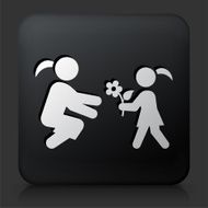 Black Square Button with Girl Giving Flowers
