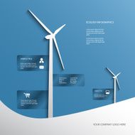 Ecology poster or flyer with wind turbines on blue background