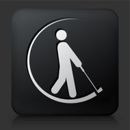 Black Square Button with Golfer Swinging The Golf Club