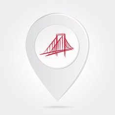 Map Marker Pin Red Bridge Silhouette on Round Icon Button