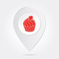 Map Marker Pin Red Cupcake Silhouette on Round Icon Button N3