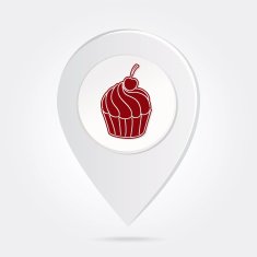 Map Marker Pin Red Cupcake Silhouette on Round Icon Button N5