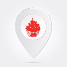 Map Marker Pin Red Cupcake Silhouette on Round Icon Button N6