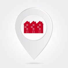 Map Marker Pin Red Townhouses Silhouette on Round Icon Button