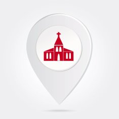 Map Marker Pin Red Church Silhouette on Round Icon Button
