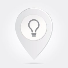 Map Marker with Grey Line-Art Lightbulb Icon Button in Middle