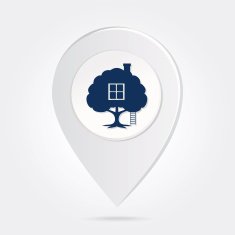 Map Marker with Blue Silhouette Treehouse Icon Button in Middle