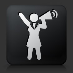 Black Square Button with Businesswoman Megaphone Icon