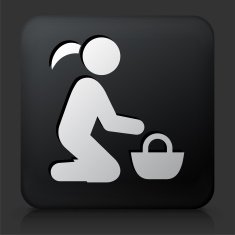 Black Square Button with Girl & Basket Icon