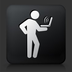 Black Square Button with Man Using Laptop