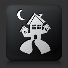 Black Square Button with Spooky Halloween House