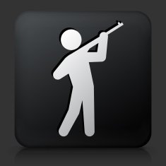 Black Square Button with Man Shooting a Rifle Icon