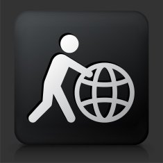 Black Square Button with Stick Figure Pushing Globe
