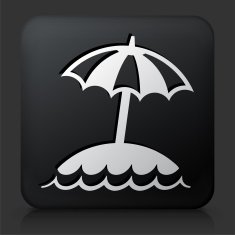 Black Square Button with Island and Beach Umbrella