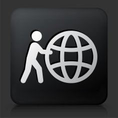 Black Square Button with Stick Figure Pushing Globe N2