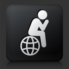 Black Square Button with Stick Figure Sitting on Globe