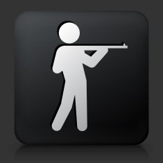 Black Square Button with Man Holding a Rifle Icon