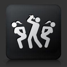 Black Square Button with Male Performer and Two Female Dancers