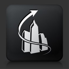 Black Square Button with Arrow and Set of Buildings