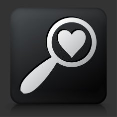 Black Square Button with Magnifying Glass and Heart