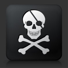 Black Square Button with Pirate Skull & Bones