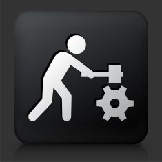 Black Square Button with Stick Figure Building Gear