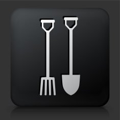 Black Square Button with Gardening Spade and Fork