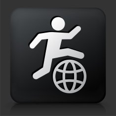 Black Square Button with Stick Figure Jumping Over Globe