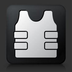 Black Square Button with Bulletproof Vest Icon