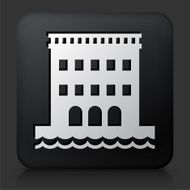 Black Square Button with Hotel On Beach