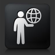 Black Square Button with Stick Figure Carrying Globe