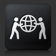 Black Square Button with Stick Figures Holding Globe N2