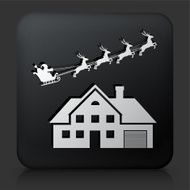 Black Square Button with Santa&#039;s Sleigh Over the House