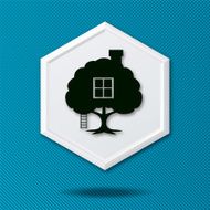 White 3D Hexagon Icon On Blue With a Treehouse