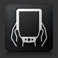 Black Square Button with Tablet in Hands