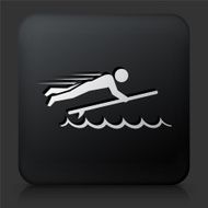 Black Square Button with Stick Figure and Surfboard