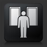 Black Square Button with Man Silhouette Facing Doors