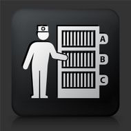 Black Square Button with Health Worker and Medical Charts