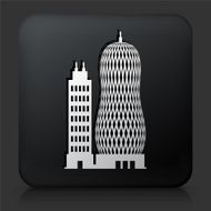 Black Square Button with Futuristic Building Icon